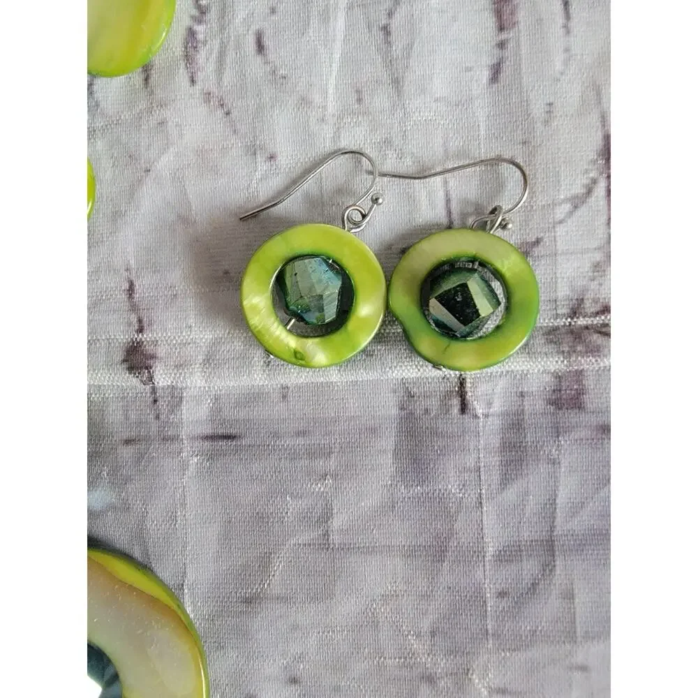 Pea Green Round Shell Necklace Chime round statement Piece Matching Earrings